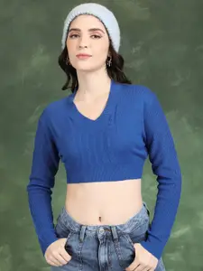 Tokyo Talkies Blue Self Designed Acrylic Crop Pullover