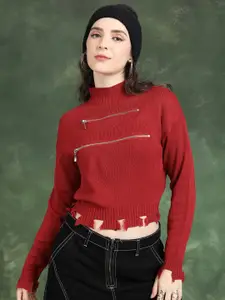 Tokyo Talkies Red High Neck Acrylic Crop Pullover
