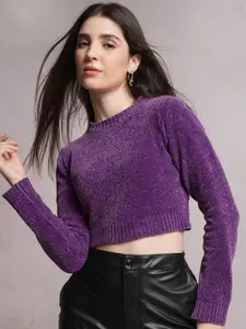 Tokyo Talkies Purple Round Neck Crop Pullover