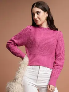 Tokyo Talkies Pink Self Designed High Neck Acrylic Pullover