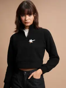 Tokyo Talkies Black Self Design Mock Collar Crop Sweatshirt