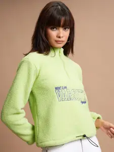 Tokyo Talkies Green Typography Printed Long Sleeve Zip Detail Pullover Sweatshirt
