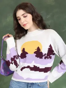 Tokyo Talkies Off White Graphic Printed High Neck Acrylic Pullover