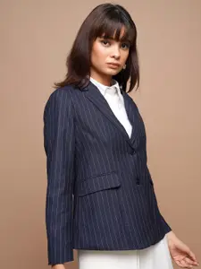 CHIC BY TOKYO TALKIES Navy Blue Striped Notched Lapel Long Sleeve Single Breasted Blazer