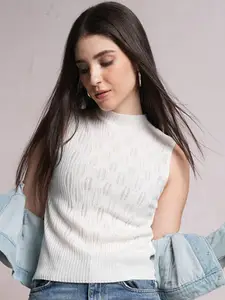 Tokyo Talkies White Open Knit Sleeveless Acrylic Pullover