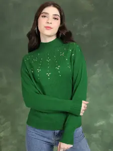 Tokyo Talkies Green High Neck Embellished Detailed Acrylic Pullover