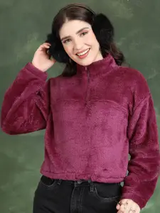 Tokyo Talkies Maroon Mock Collar Crop Pullover Sweater With Fuzzy Detail