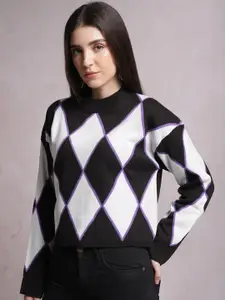 Tokyo Talkies Black Geometric Printed Acrylic Pullover