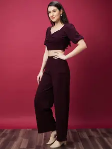 Globus Burgundy V-Neck Puff Sleeves Crop Top With Trouser