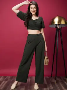 Globus Solid Co-Ord Set With Crop Top & Trouser
