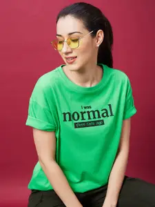 Globus Green Typography Printed Oversized Pure Cotton Boxy T-shirt