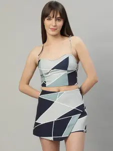 DELAN Geometric Printed Shoulder Straps Crop Top With Skirt