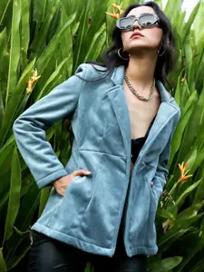 Campus Sutra Blue Notched Lapel Long Sleeves Open Front Blazer
