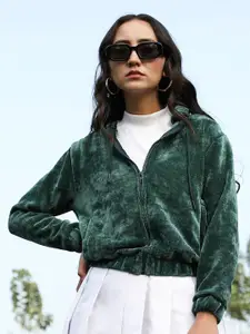 Campus Sutra Self Design Hooded Cotton Front Open Sweatshirt