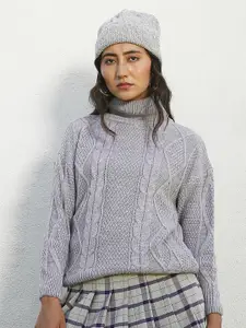Campus Sutra Grey Cable Knit Cotton Pullover