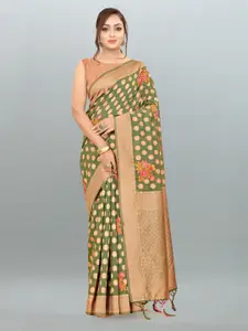 DIVASTRI Floral Woven Design Zari Pure Linen Banarasi Saree