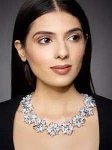 Rhea Rhodium-Plated Crystal Floral Bib Necklace