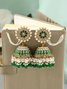 Crunchy Fashion Gold-Plated Kundan Studded Jhumkas Earrings Wih Ear Chains