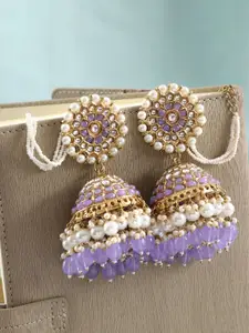Crunchy Fashion Gold-Plated Artificial Stones & Beads Jhumkas Earrings With Ear Chain