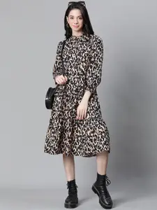 Oxolloxo Animal Printed Mandarin Collar Puff Sleeve Organic Cotton Shirt Dress