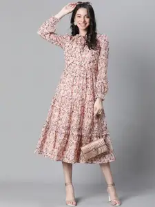Oxolloxo Floral Printed Tie-Up Neck Puff Sleeve Tiered Fit & flared Dress