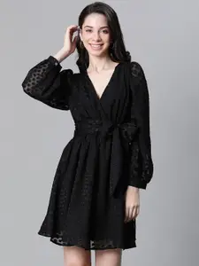 Oxolloxo Self Design V-Neck Puff Sleeve Tie-Up Semi Sheer Fit & flare Dress