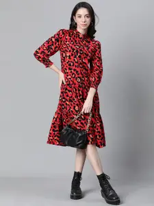 Oxolloxo Abstract Printed Mandarin Collar Puff Sleeves Pure Cotton Shirt Midi Dress