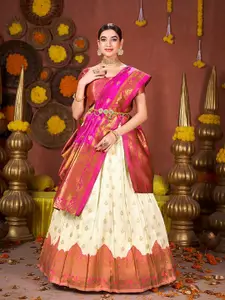 SHOPGARB Woven Design Banarasi Silk Semi-Stitched Lehenga Unstitched Blouse With Dupatta