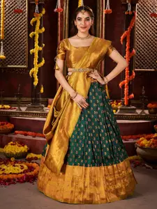 SHOPGARB Woven Design Banarasi Silk Semi-Stitched Lehenga Unstitched Blouse With Dupatta