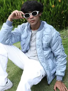 Campus Sutra Self Design Braided Stand Collar Windcheater Puffer Jacket