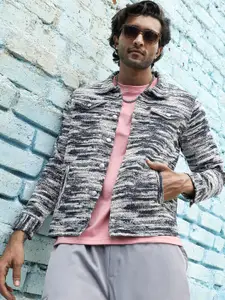 Campus Sutra Grey Abstract Printed Windcheater Fleece Denim Jacket