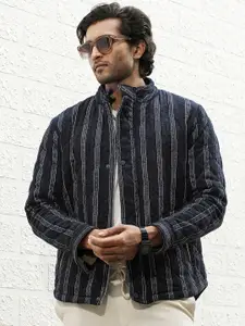 Campus Sutra Striped Cotton Mock Collar Windcheater Denim Jacket