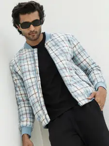 Campus Sutra Checked Cotton Mandarin Collar Windcheater Bomber Jacket