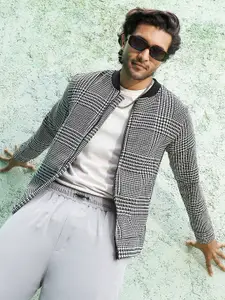 Campus Sutra Black Checked Windcheater Bomber Jacket