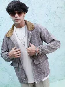 Campus Sutra Checked Windcheater Cotton Open Front Jacket