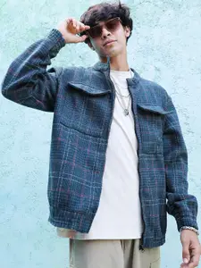 Campus Sutra Checked Cotton Collarless Windcheater Tailored Jacket