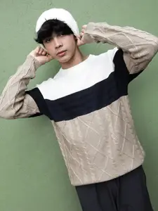 Campus Sutra White & Navy Blue Cable Knit Self Design Round Neck Cotton Pullover