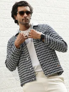 Campus Sutra Navy Blue & White Geometric Printed Windcheater Cotton Denim Jacket