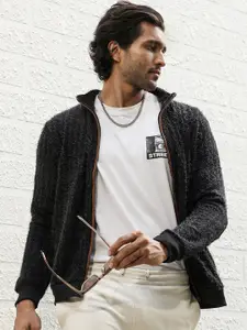 Campus Sutra Cotton Mock Collar Knitted Jacket