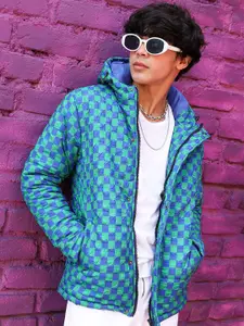 Campus Sutra Blue Checked Windcheater Hood Bomber Jacket