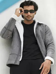 Campus Sutra Lapel Collar Faux Leather Trim Windcheater Biker Jacket