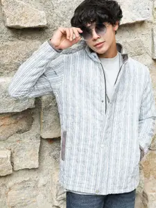 Campus Sutra White Striped Mock Collar Windcheater Longline Quilted Jacket