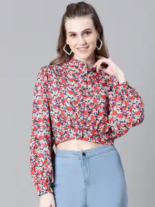 Oxolloxo Modern Floral Printed Cotton Puff Sleeves Band Collar Cotton Crop Casual Shirt