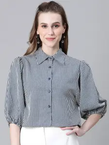 Oxolloxo Smart Striped Puff Sleeves Crop Casual Shirt