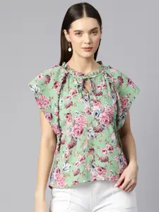 Ives Floral Print Tie-Up Neck Flared Sleeves Ruffles Crepe Top