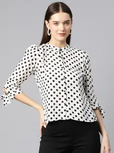 Ives Polka Dot Print Mandarin Collar Crepe Shirt Style Top