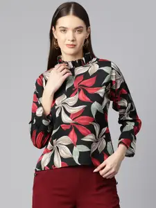 Ives Floral Print Bell Sleeves High Neck Crepe Top