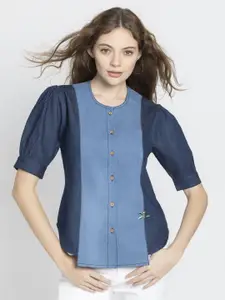 SHAYE Colourblocked Puff Sleeves Shirt Style Denim Top