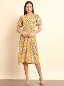 Trend Arrest Floral Printed Puffed Sleeves Fit and Flare Midi Dress