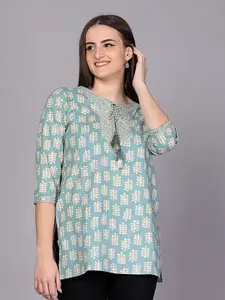 HIGHLIGHT FASHION EXPORT Ethnic Motifs Printed Tie-Up Neck Sequinned Pure Cotton Kurti